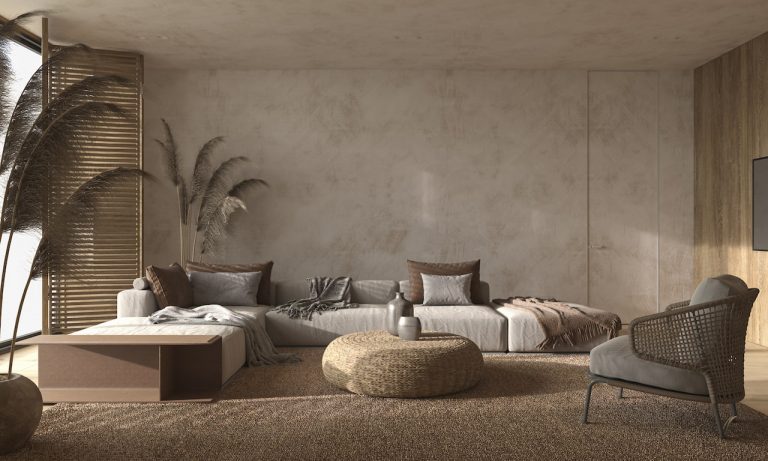 scandinavian style living room design with boho decor mock up wall brown interior 3d illustration (2)